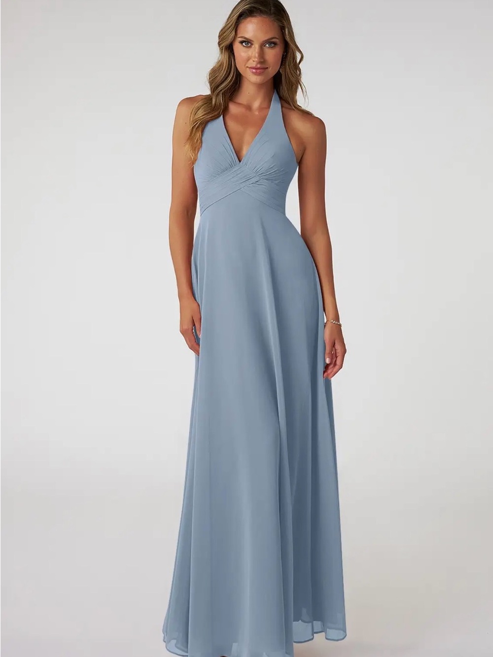 NWT Azazie Tessie Dusty Blue A-Line V-Neck Pleated Chiffon Dress—sz A10